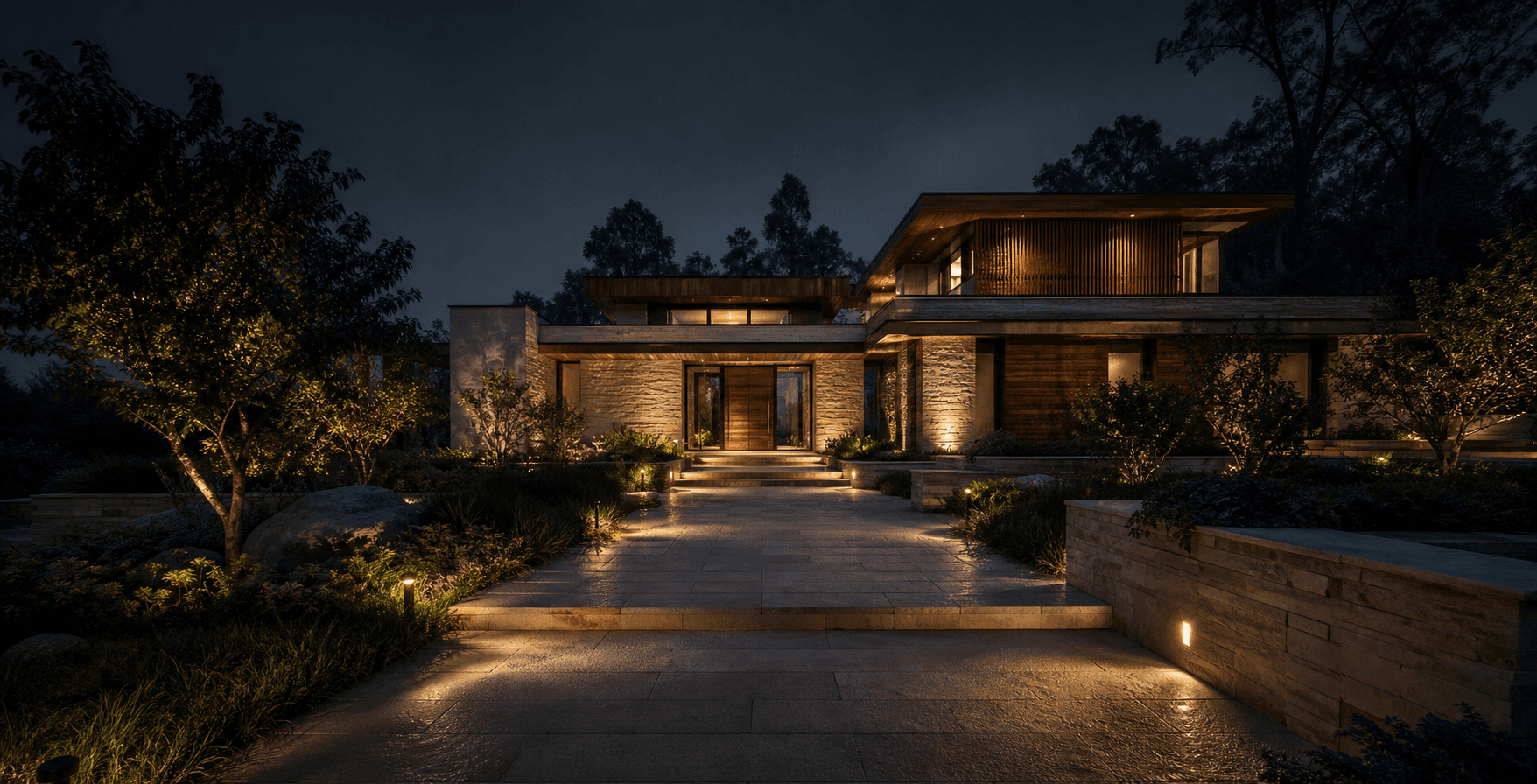 Contemporary Krishika residence glowing at blue hour