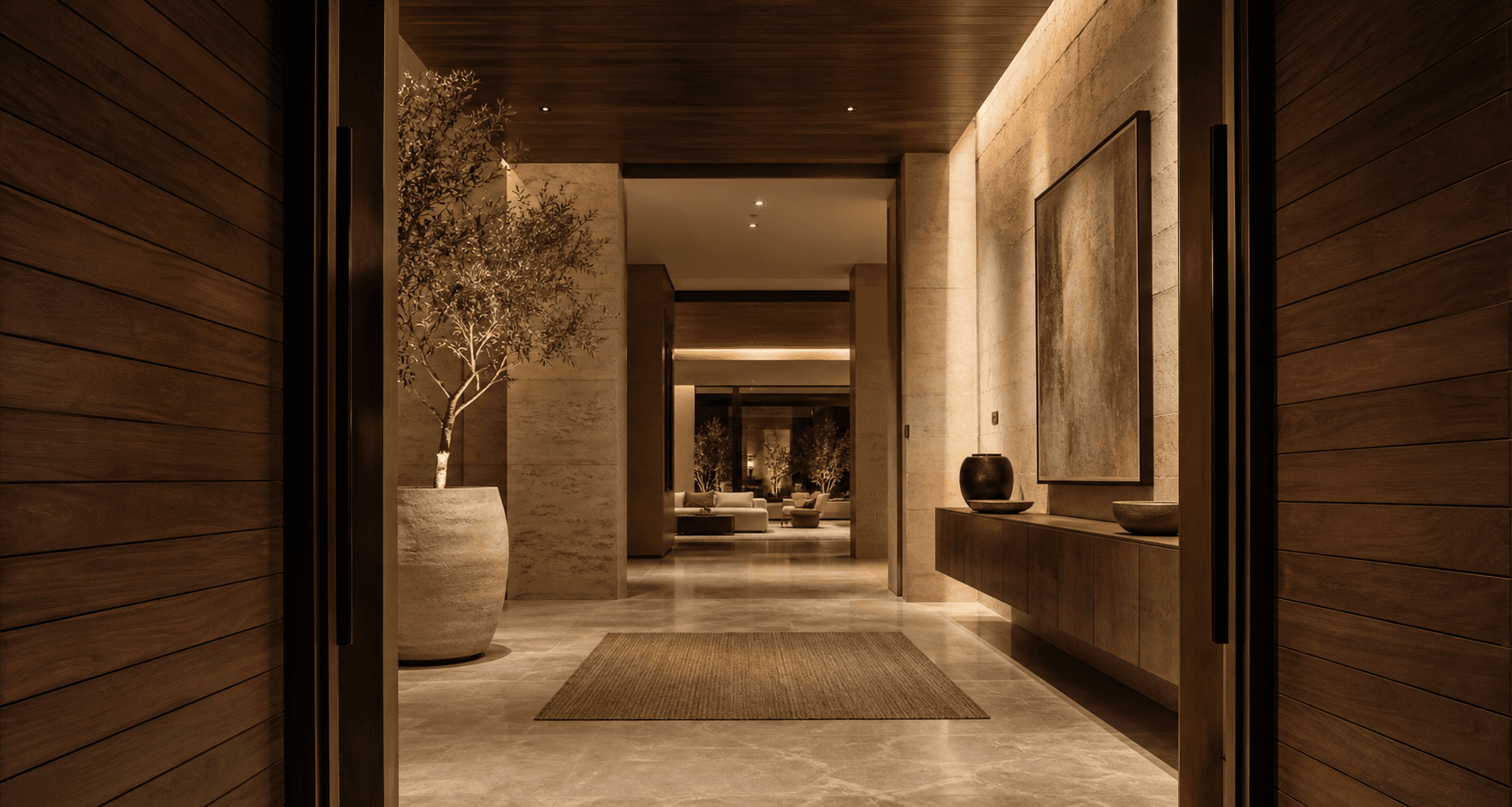 Warm stone and timber entrance foyer
