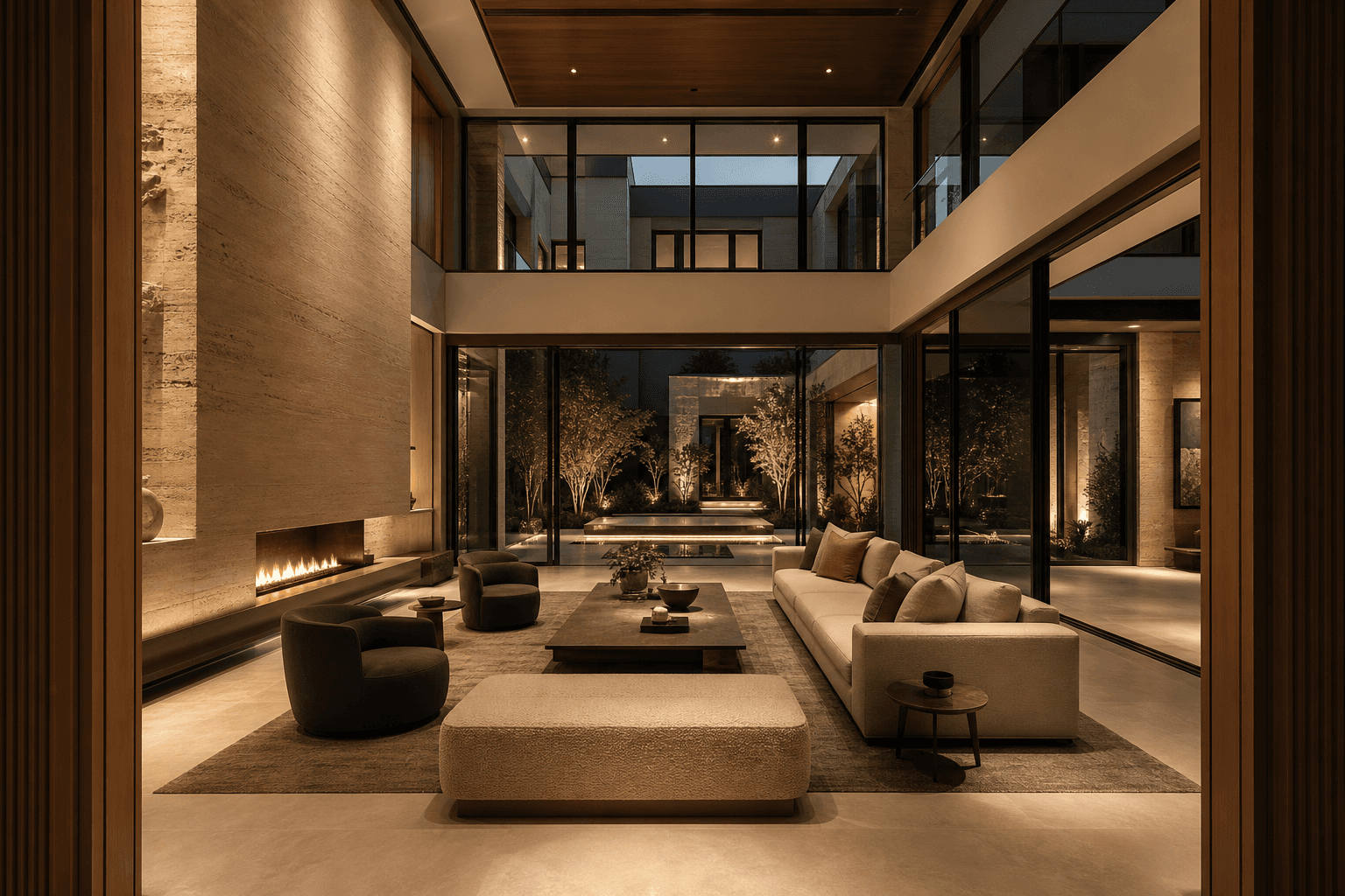 Double-height living room opening to a courtyard